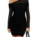 REORIA Women's Long Sleeve Mini Dress One Shoulder Sheer Mesh Ruched Bodycon Off Shoulder Sexy Short Dresses 2025 Fall Outfits Black Onyx Medium