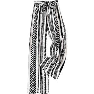 SHENHE Women's Striped Wide Leg Geo Print Boho Pants Belted Loose Flowy Palazzo Pants (Medium, Blue and White)