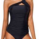 Tempt Me Two Piece Tankini Bathing Suits for Women One Shoulder Swim Top with Bottom Swimsuits, Medium