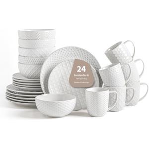 FOBENTA 24-Piece Ceramic Dinnerware Set with Mugs,Complete Plates and Bowls Set for 6,Stylish Dish Set with Coffee Cups for Hosting, Families, & Gift Giving