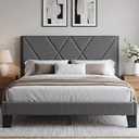 Queen Platform Bed Frame with Upholstered Wood Headboard, Gray Heavy Duty Slats Support, Noise Free, Easy Assembly, No Box Spring , Grey, 81.6"L x 60.3"W x 36.2"H