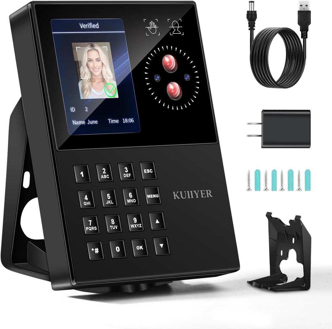 KUIIYER 3 in 1 Time Clocks for Employees Small Business (Face + Palm Print + PIN) Employee Clock in & Out Machine Attendance Punch Clock