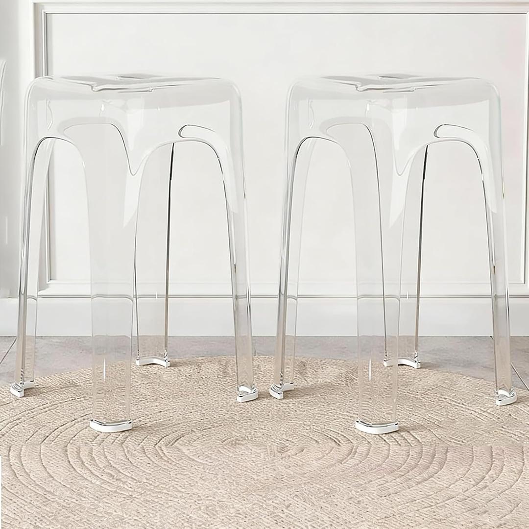 Clear Acrylic Bar Stools Set of 2, Modern Backless Counter Stool, Transparent Stackable Dining Stool for Kitchen Island Dining Room Restaurant, 18'' High, Clear