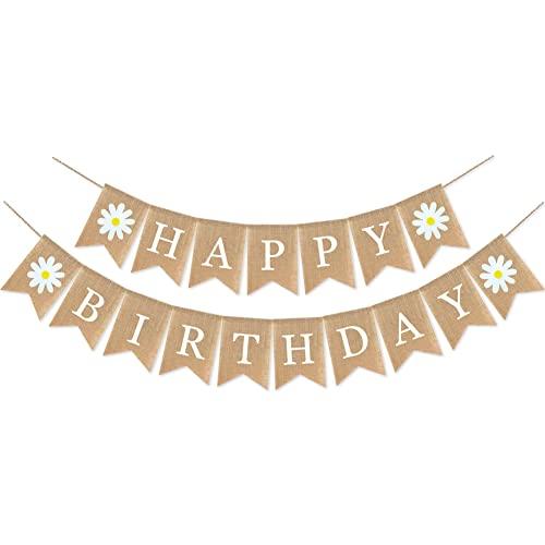 Daisy Themed Birthday Banner - Happy Spring Decoration with Flowers for Fireplace Mantle