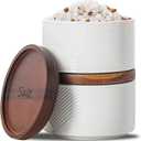 Salt and Pepper Bowls: 10 oz Ceramic Stackable Spice Cellar with Wooden Lid - Stacked Seasoning Storage Containers for Countertop Stovetop - Striped, White