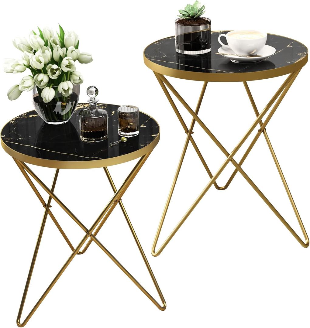 HLR Modern Round Side Table Set of 2, End Table with Marble Effect Top and Gold Metal Frame, Small Side Table for Living Room, Bedroom, Sofa and Couch, Gold Legs, Black Marble top