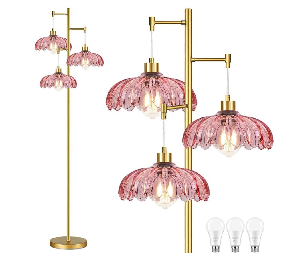 Pink Floor Lamp for Living Room,Bedroom,Gold Mid Century Modern Standing Lamp Brass Tree 3 Light Tall Floor Lamps Vintage Retro Floor Lights Glass Flower Lamp Shade Farmhouse Boho Bohemian