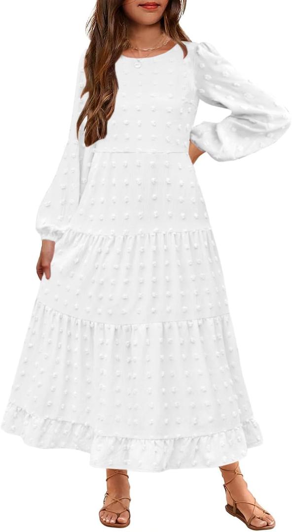 HOSIKA Girls Maxi Dress Long Sleeve Swiss Dot A Line Tiered Flowy Casual Party Dresses with Pockets for 6-12 Y (White)
