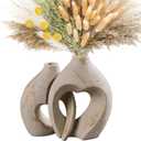 Modern Hollow Vase Set of 2 - Natural Travertine Textured Resin Vases for Flowers, Pampas Grass, Home Decor - Centerpiece for Bathroom, Entryway, Nightstand (8.5 Inches Tall, Heart Design), Beige Travertine 