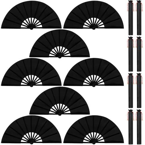 Maitys 8 Packs Large Folding Hand Fans 13'' Chinese Handheld Fan Large Clap Fans for Line Dancing, Tai Chi, Festival, Kung Fu, Martial Art, Gift, Includes 2 Pouch (Black)