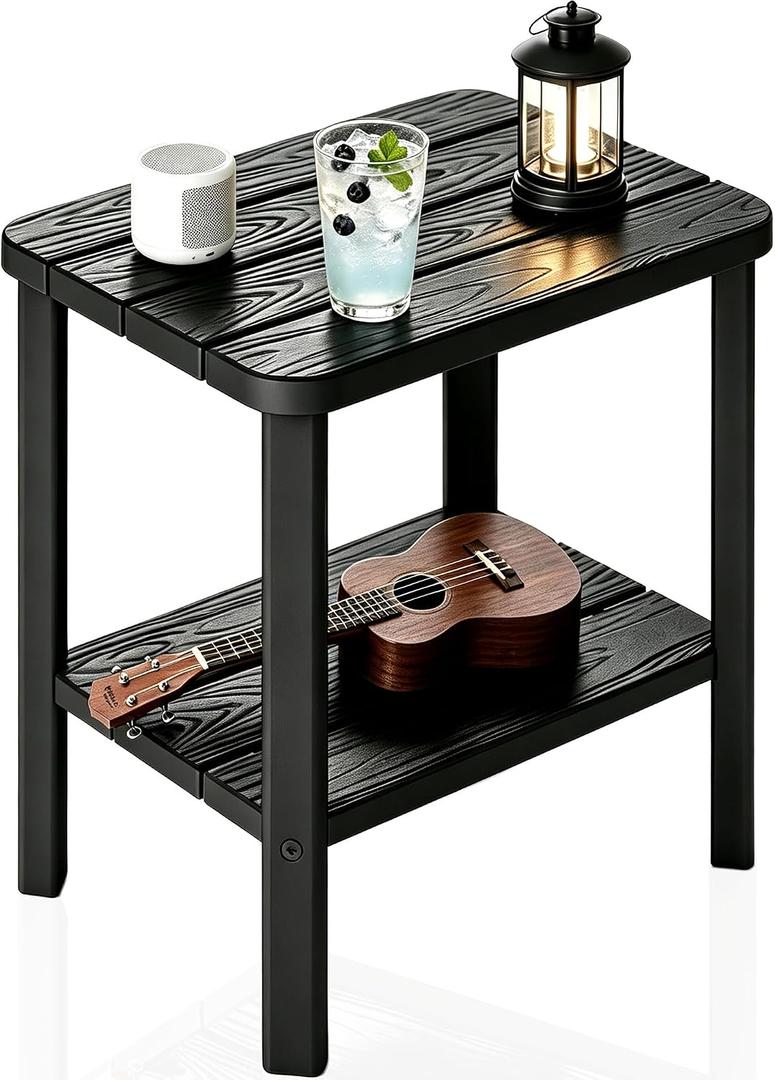 Adirondack Square Outdoor Side Table, 2-Tier Storage Weather Resistant HDPE Resin End Table, Small Side Table for Patio, Garden, Balcony, Deck, Porch, Backyard, Poolside (Jet Black, 1 PCS), 16.4"D x 12.5"W x 16.3"H