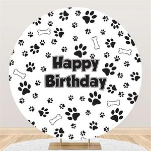 Renaiss 7x7ft Paw Prints Birthday Round Backdrop Cover Black White Bones Dog Footprints Birthday Circle Background Puppy Paw Prints Pet Themed Birthday Party Decor Pet Bday Arch Photo Booth Props