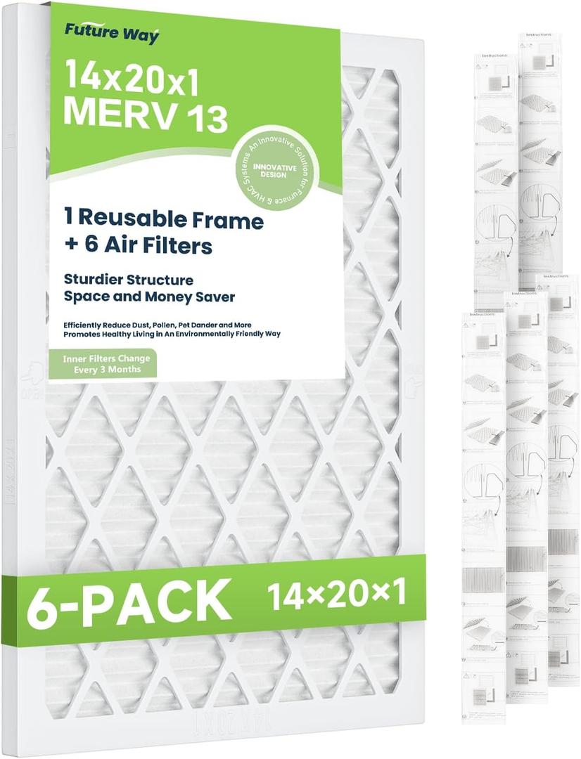 Future Way 14x20x1 Air Filters, 6-pack with Reusable Frame, MERV 13, MPR 1900 AC Furnace Filters, Space Saving &Cost-effective