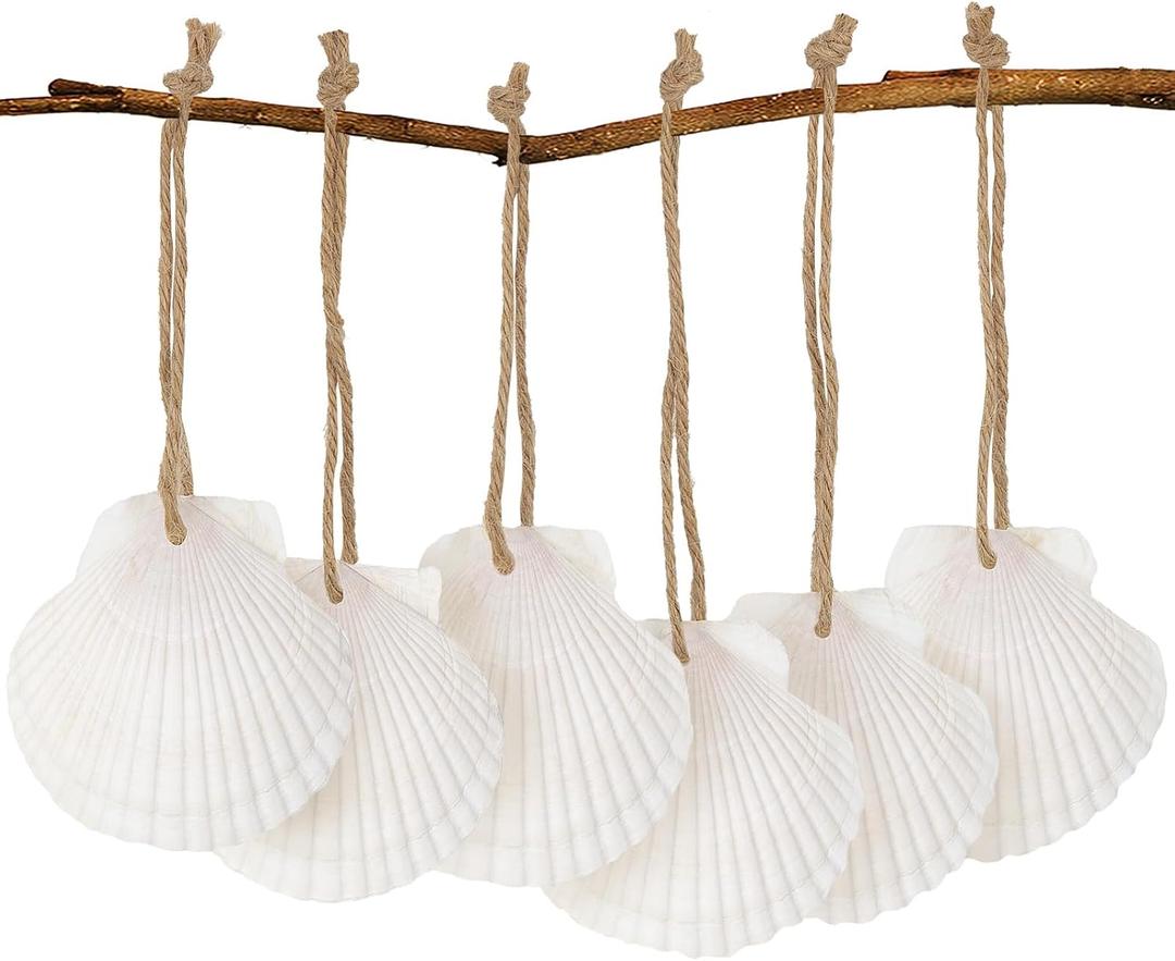 16PCS Natural Sea Shells 2.5"-3.5" Perforation Scallop Shells with Rope,for Christmas Tree Ornaments & DIY Hanging Home Deocration Craft Shells