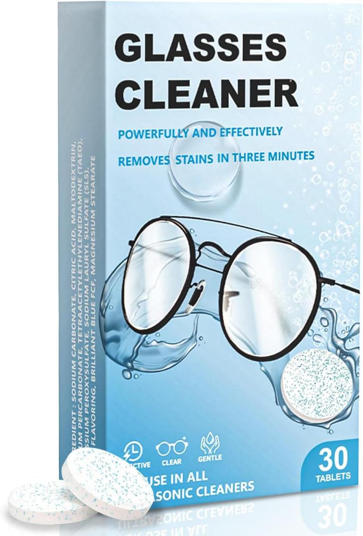Ultrasonic Glasses Cleaner Tablets, 30 Pcs Retainer Cleaner Tablets, Professional Cleaning for Glasses, Retainers, Dentures & Jewelry, Suitable for All Ultrasonic Machine, Removes Stains & Odors