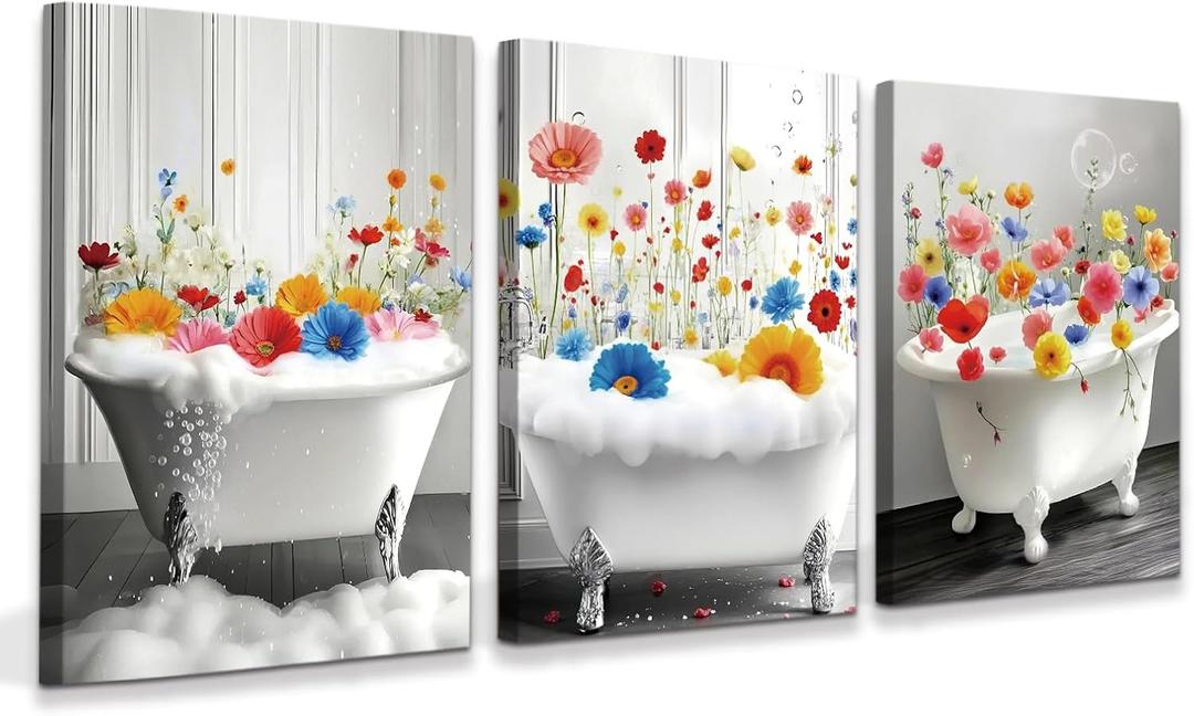 QPOKLAF Funny Bathroom Wall Art Prints,Colorful Wildflower Framed Poster Restroom Aesthetic Decorations Set of 3 (11"x14",Unframed)