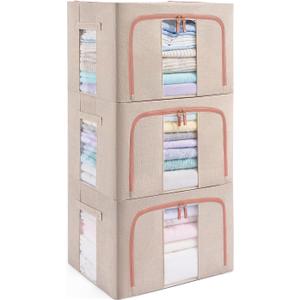 GuliPostan 3 Pack 100L Stackable Clothes Storage Bins with Metal Frame Handles & Zipper, Collapsible Closet Organizer Box with Lid for Bedding Blankets Towel (Beige)