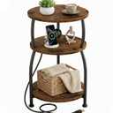 Round Side Table with Power Outlet, USB Type C Port, 3-Tier End Table | 15.7 in Nightstand for Small Spaces, Tall Side Table with Charging Station for Sofa Couch, Living Room Bedroom, Garden, Brown, 15.7''Dia with Power Strip