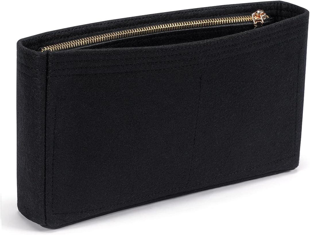 HyFanStr Small Purse Organizer with Zipper, Felt Insert Bag Organizer Handbag Tote Liner Pouch for Women (Black)
