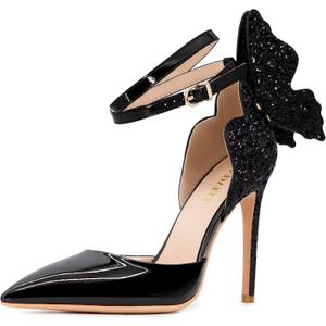 Fashion High Heels Butterfly Back Sexy Stiletto Pumps Closed Toe Sparkly Ankle Strap Heels Sandals Dress Shoes for Women (8.5, Black)