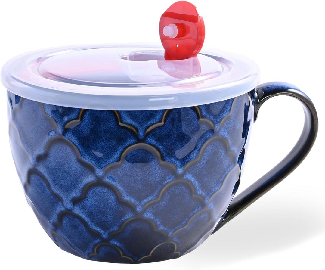 Ceramic Soup Mugs with Handles, 24 oz Microwave Safe Soup Mug/Cup with Lid, Large Soup Mug for Coffee, Cereal, Oatmeal, Salad, Ramen, Noodle, Soup, Housewarming Wedding Gift, Reactive Glaze Blue