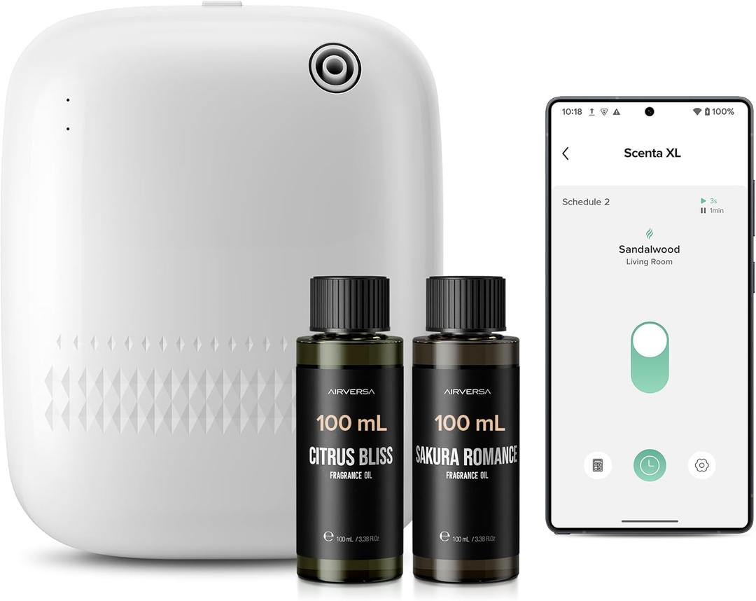 Airversa Smart Waterless Essential Oil Diffuser (400 mL Capacity) Starter Kit with 200mL Fragrance Scent Oils, Up to 2000 sq ft App Control Scent Air Machine with 12V1A Power Adapter, ANW Kit White