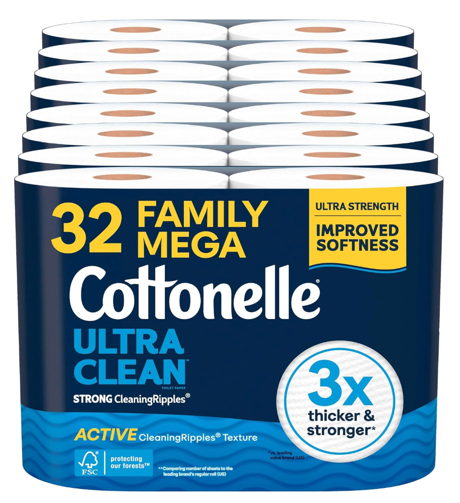 Cottonelle Ultra Clean Toilet Paper, 32 Family Mega Rolls=176 Regular Rolls