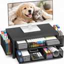Desk Organizer and Accessories, 2-Tier Computer Monitor Stand Riser with 2 Drawer and 2 Pen Holders, Laptop Stand, Office Desk Accessories for Office Supplies, Black Metal