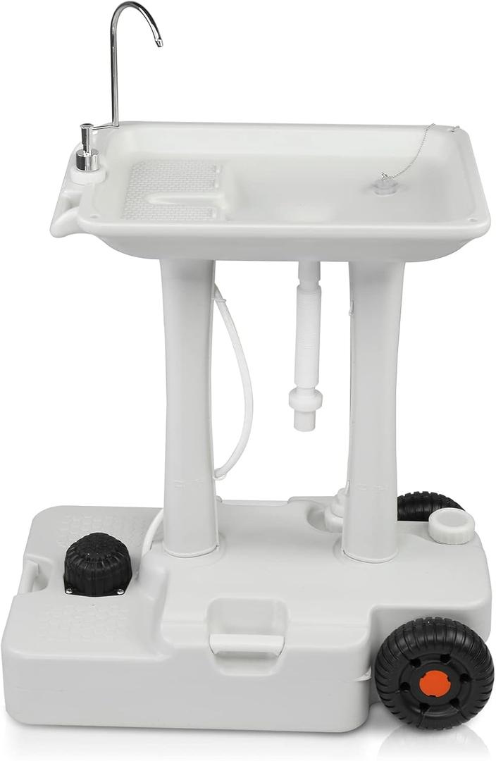 VINGLI 30L Upgraded Portable Sink| Rolling Hand Wash Basin Stand with Towel Holder & Soap Dispenser & Wheels, Perfect for Garden/Camping/Outdoor Events/Gatherings/Worksite/RV/Indoor, White