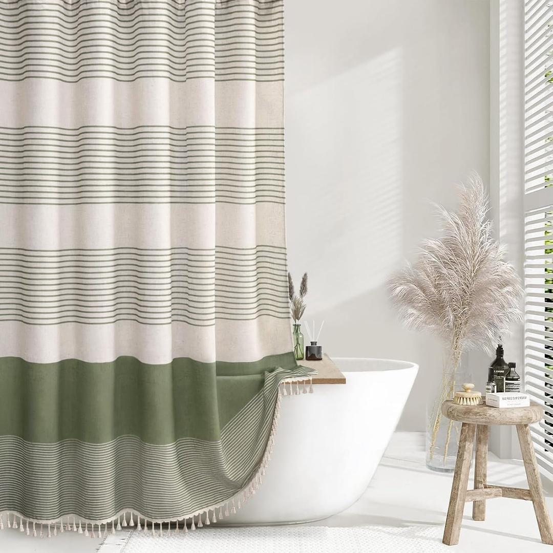 Linen Texture Shower Curtains for Bathroom Sage Green Boho Natural Striped Shower Curtain with Tassel 72W X 84L