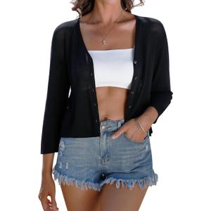 iClosam Womens Summer Lightweight Cropped Cardigans 3/4 Sleeve Knit Shrug V Neck Button Down Cardigans Sweaters (Large, Black)