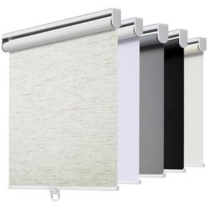 Cordless Roller Shades Blackout Blinds for Windows Room Darkening Rolled Up Shades with Spring System, UV Protection Natural Linen Fabric Window Shades Door Blinds for Home（34" W x 72" H, Linen Cream