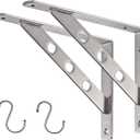 YUMORE Stainless Steel Shelf Bracket 10", Heavy Duty Solid Shelf Support Corner Brace Joint Right Angle Bracket, L Bracket with 2 S Hook, 2 Pack