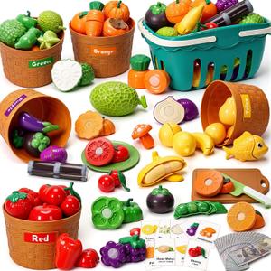Cutting Play Food Toys, 115 Pieces Pretend Play Kitchen Accessories, Color Sorting with 5 Baskets, Fake Fruits/Vegetables Cards, Play Money, Birthday Gift, Educational Toy for Toddler Children