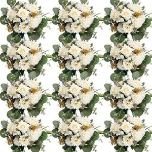 Artificial Mum Flowers 12 Bundles Silk Chrysanthemum Flowers Fake Roses with Eucalyptus, Realistic Faux Peonies for Vase Arrangement, Home Decor, Wedding Table Centerpiece - White