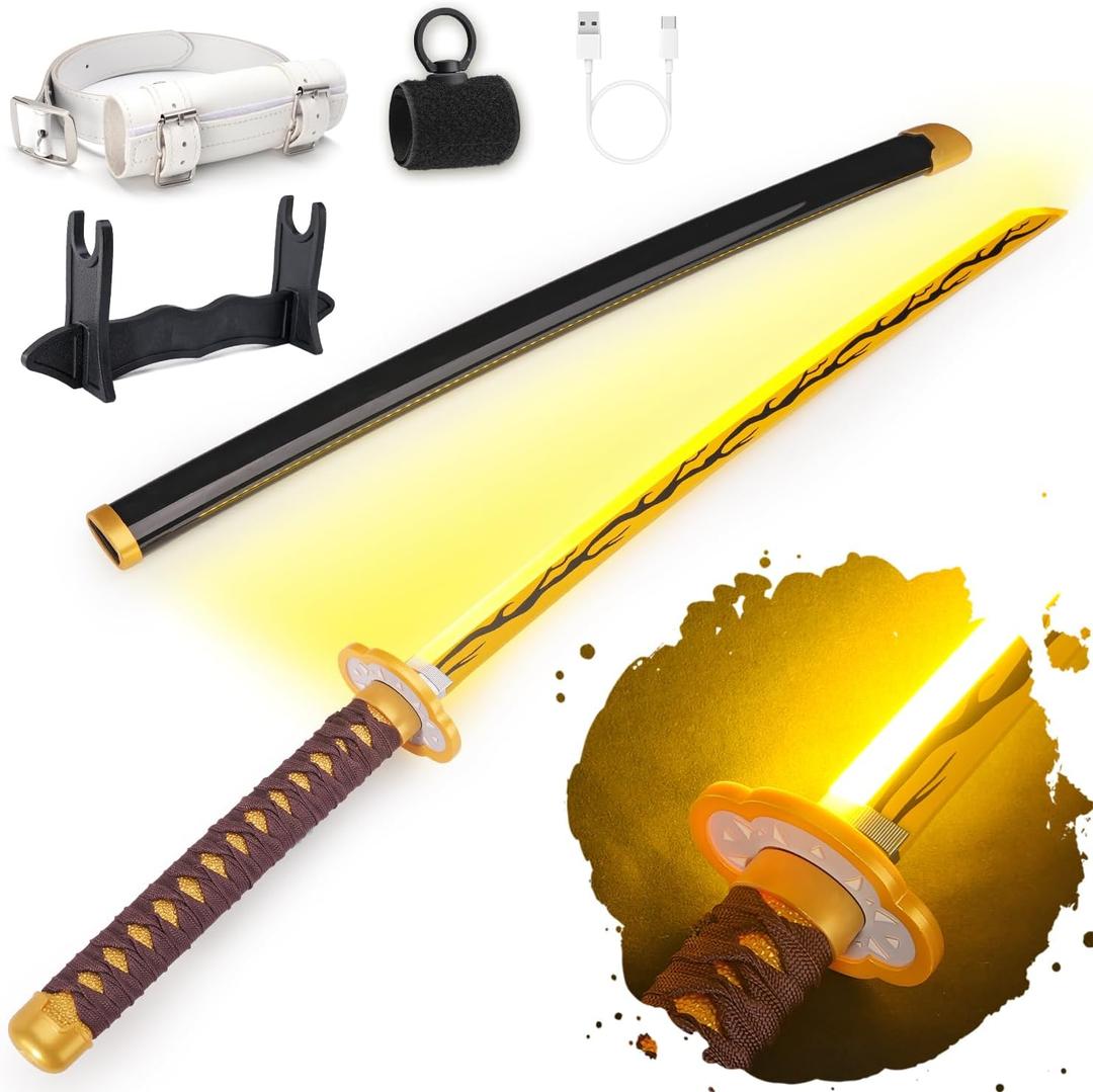 RENGENG Light Up Sword, 40 Inches Rechargeable Plastic Replica with Belt & Stand, Sword with Original Texture,Kaigaku
