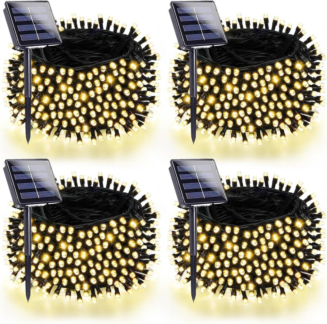 4 Pack 180FT Solar String Lights for Outside, Super Bright 320 LED Solar Christmas Lights Outdoor Waterproof with 8 Modes, Green Wire Twinkle Fairy Lights for Xmas Tree Party Yard (Warm White)