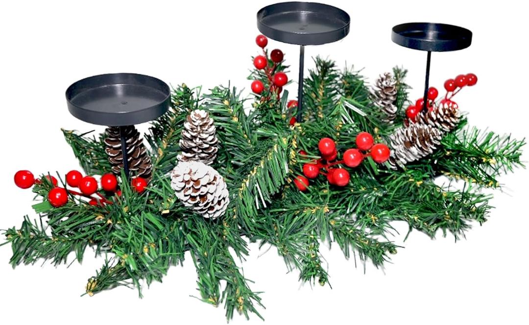 21.7" Christmas Table Centerpiece Christmas Candle Holders with 3 Iron Trays Red Berries Snowy Pine Cones Greenery Pine Christmas Garlands Decorations for Centerpiece Table Mantel Holiday Home Decor