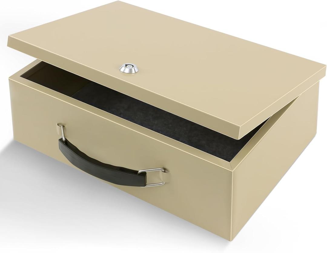 Dalmbox Portable Fire Safe Box with Key Lock, 13.2x 11x 5.1'', Fire Resistant Metal Storage Box, Lock Box for Documents, Safety Deposit Box for Home, Outside, Car, X Large, Sand