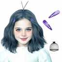 Kids Short Curly Dark Blue Emotion Wave Wigs + Hair Clips + Wig Cap Synthetic Hair for Child Girls Toddler Halloween Party Costumes (Blue Envy)