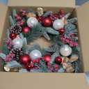YULETIME 20-inch Christmas Wreath, Battery Operated Holiday Wreath with 20 Fairy Lights, Red & Gold Baubles, Frosty Red Berries, Pine Cones, Golden Leaves, Frosted Spruce Branches & Pine Needles