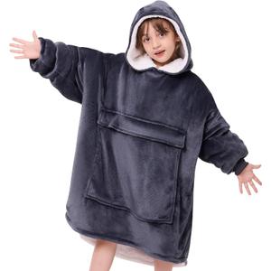 yescool Wearable Blanket Hoodie Kids, Oversized Blanket Sweatshirt with Sherpa Teen Girl Gifts for Kids, Youth, Boys, Girls, 8-15 Year Old Girl Boy Gift Warm Teen Wearable Blankets, One Size, Grey (Child)
