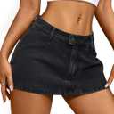 IWD Denim Mini Skirt for Women Low Waisted Jean Micro Skort with Shorts Stretch Casual Jean Skirt (Large, Black)