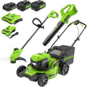 Greenworks 48V (2x24V) Electric Lawn Mower Combo Kit: 20"Steel Deck Push Mower, 12" String Trimmer, 320 CFM Blower, 3 Batteries & 2 Chargers