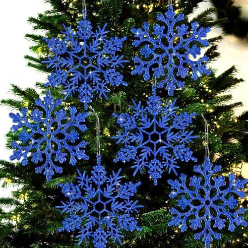 6pcs Large Navy Blue Snowflakes Ornaments 12" Big Plastic Glitter Snowflake for Winter Indoor Outdoor Christmas Tree Window Room Decorations Giant Craft Snowflakes