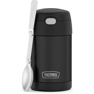 THERMOS FUNTAINER Insulated Stainless Steel Food Jar, 16 Ounce, Kids Lunch with Foldable Spoon, PushButton Lid, Matte Black