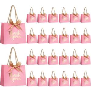 50 Pack Small Thank You Gift Bags with Handles, Pink Mini Party Favor Bags 5.5''x 2.5''x4.7'', Mini Gift Bags Bulk with Bow Ribbon for Valentine's Day, Bridal, Wedding, Baby Shower