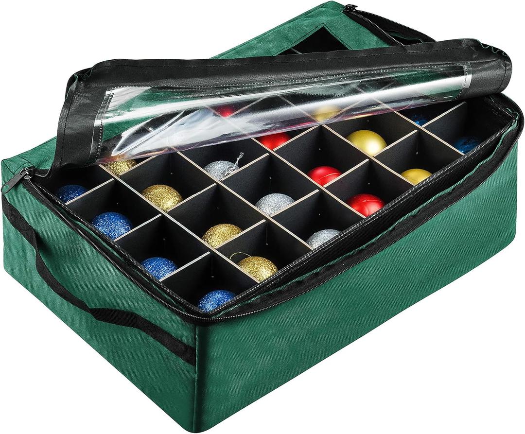 Ornament Storage Box - Zippered Organizer with 48 Individual Compartments and Dividers for Christmas Bulbs and Decorations by Tiny Tim Totes (Green)