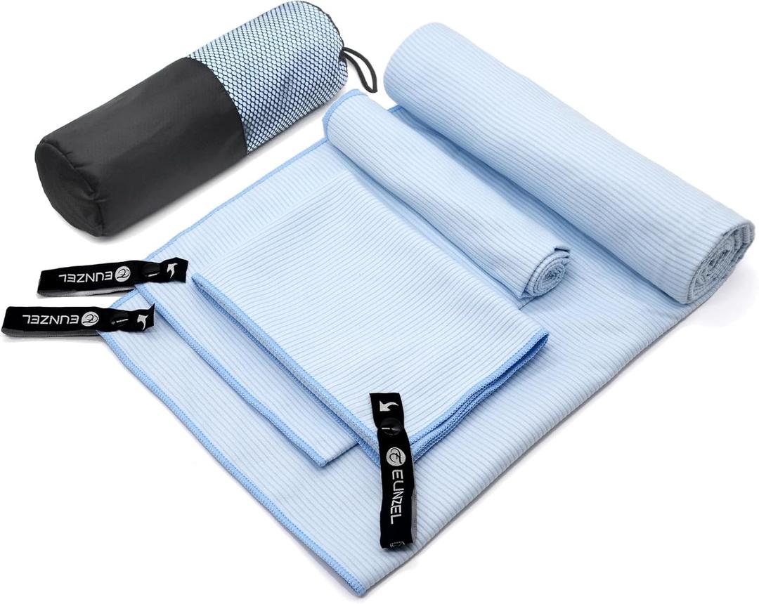 Eunzel Quick Dry Camping Towel, Microfibre Ribbed Towel Travel Towel 3 Sizes 1 Pack Fast Drying Towel Set for Camping, Beach, Gym, Sports, Yoga & Swimming Pool, Blue