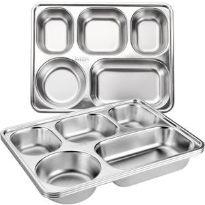 Tebery 3 Pack Stainless Steel Rectangular Divided Plates Tray, 5 Sections Dinner Plates for Adults,Kids, Picky Eaters, Campers, and Portion Control, Large
